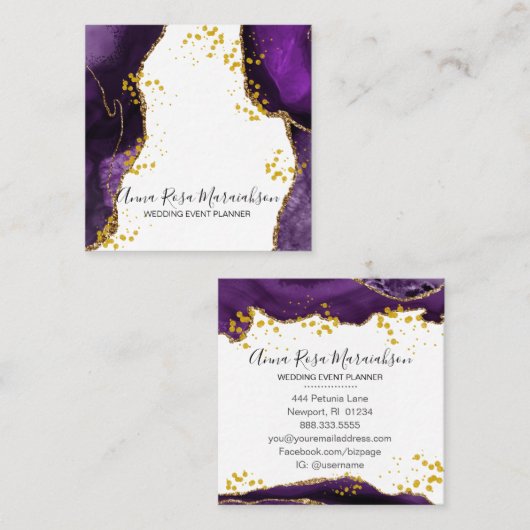 *~*紫色の金ゴールドエレガントグリッターモダンAgate スクエア名刺 (正面/裏面)