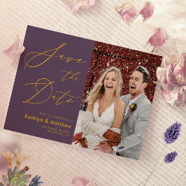 紫色の金ゴールドエレガントスクリプモダント結婚の セーブザデート