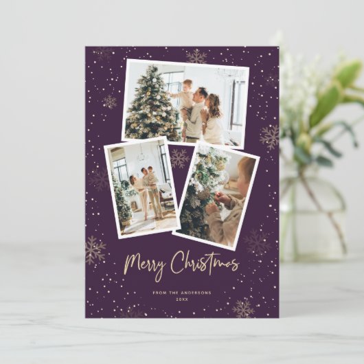 紫色の金ゴールドスノーフレーク写真メリークリスマスカード シーズンカード (スタンド正面)