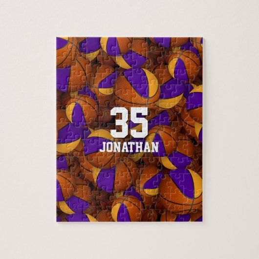 紫色の金ゴールドバスケットボールチームパーソナライズされたの色 ジグソーパズル (縦)