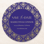 紫色の金ゴールドパターン結婚式の日付を保存 ラウンドペーパーコースター (正面)