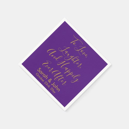 紫色の金ゴールドパーソナライズされたスクリプトウェディングレセプション スタンダードカクテルナプキン (角)