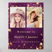 紫色の金ゴールドフォトスター2人の誕生日へようこそ ポスター (正面)