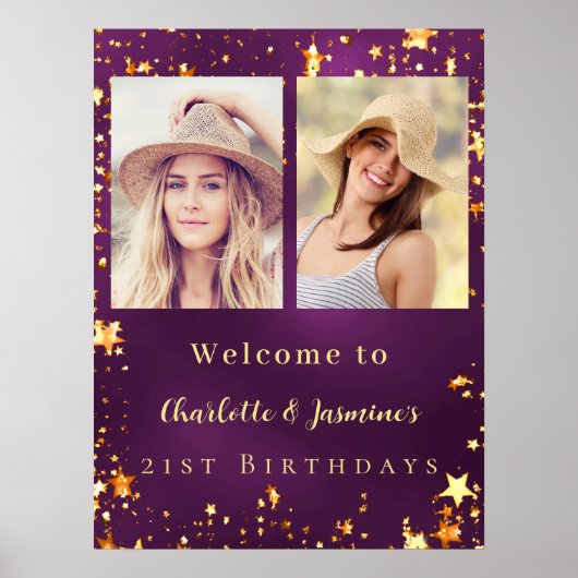 紫色の金ゴールドフォトスター2人の誕生日へようこそ ポスター (正面)