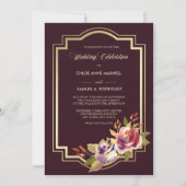 紫色の金ゴールドフレームフローラ結婚式招待状 招待状 (正面)