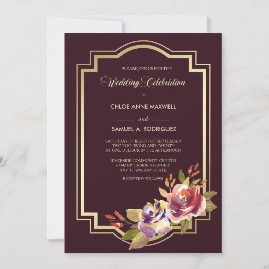 紫色の金ゴールドフレームフローラ結婚式招待状 招待状 (正面)