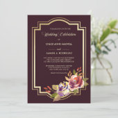 紫色の金ゴールドフレームフローラ結婚式招待状 招待状 (スタンド正面)