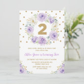 紫色の金ゴールドフローラかわいらしバラ第2誕生日パーティー 招待状 (スタンド正面)