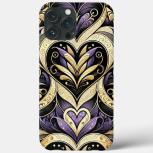 紫色の金ゴールドブラックハート繰り返しパターン iPhone 13 PRO MAXケース