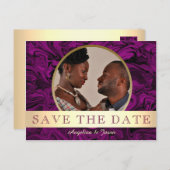 紫色の金ゴールド写真の保存日付 案内ポストカード (正面/裏面)