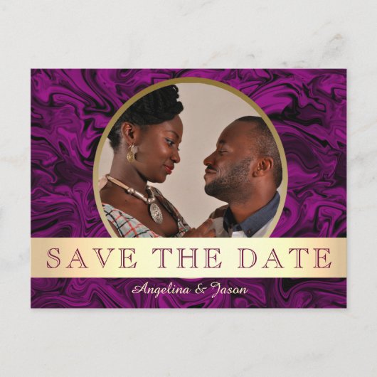 紫色の金ゴールド写真の保存日付 案内ポストカード (正面)