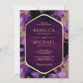 紫色の金ゴールド抽象芸術流体インクフォト結婚ズ 招待状 (正面)