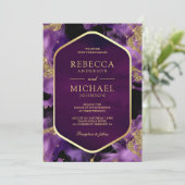 紫色の金ゴールド抽象芸術流体インクフォト結婚ズ 招待状 (スタンド正面)