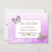 紫色の金ゴールド蝶ウェディングデイトマグネットを保存 マグネット招待状 (正面)