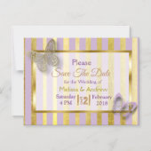 紫色の金ゴールド蝶ウェディングデイトマグネットを保存 マグネット招待状 (正面)