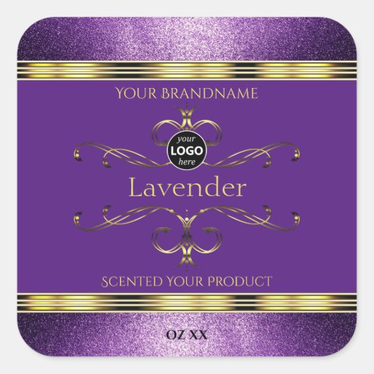 紫色の金ゴールド製品ラベル縁どグリッターロゴの追加 スクエアシール (正面)