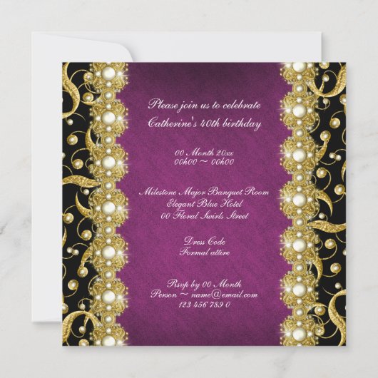 紫色の金ゴールド「任意の年齢」のエレガントパーティー 招待状 (裏面)