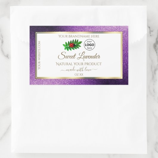 紫色の金属グリッターの白い製品ラベルのロゴ 長方形シール (バッグ)
