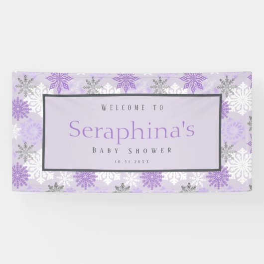 紫色の銀の雪の結晶の冬の赤ちゃんシャワー 横断幕 (横)