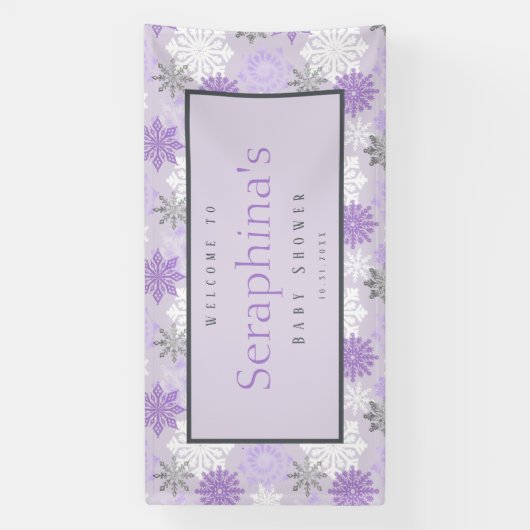 紫色の銀の雪の結晶の冬の赤ちゃんシャワー 横断幕 (縦)