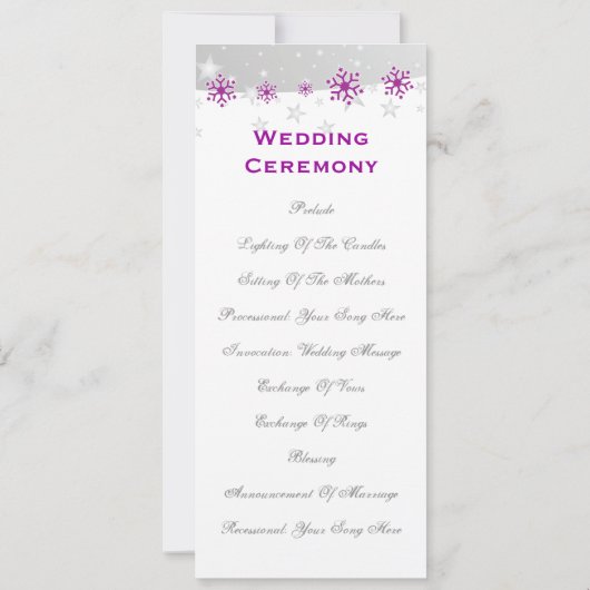 紫色の銀グレースノーフレーク結婚式プログラムカード 招待状 (裏面)