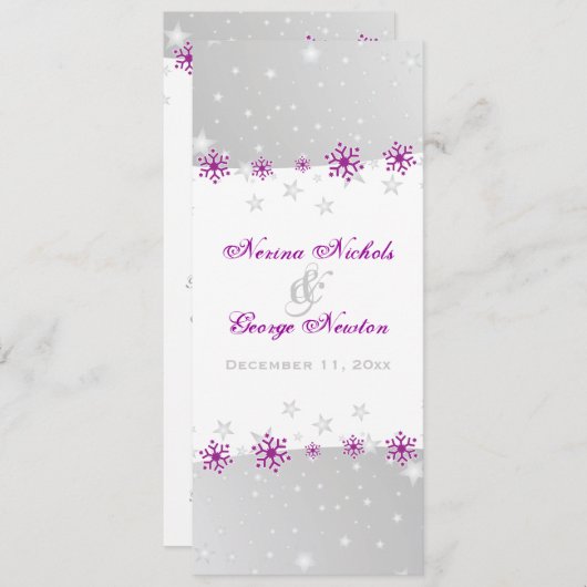 紫色の銀グレースノーフレーク結婚式プログラムカード 招待状 (正面/裏面)
