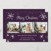 紫色の銀スノーフレーク雪の写真コラージュ シーズンカード (正面/裏面)