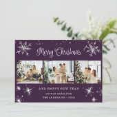 紫色の銀スノーフレーク雪の写真コラージュ シーズンカード (スタンド正面)