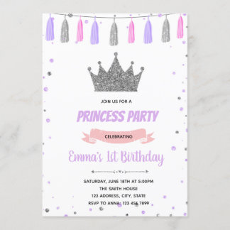 紫色の銀王冠の王女の誕生日の招待 招待状