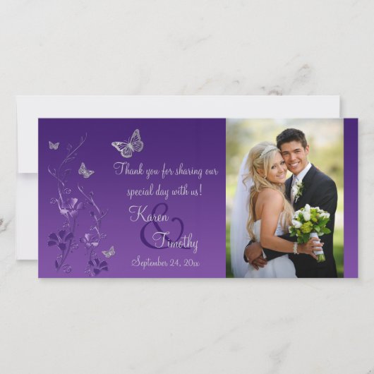 紫色の銀色の蝶のフローラ結婚の写真カード サンキューカード (正面)