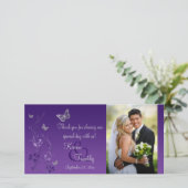 紫色の銀色の蝶のフローラ結婚の写真カード サンキューカード (スタンド正面)
