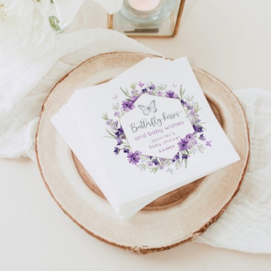紫色の銀蝶キス赤ちゃんシャワー スタンダードカクテルナプキン