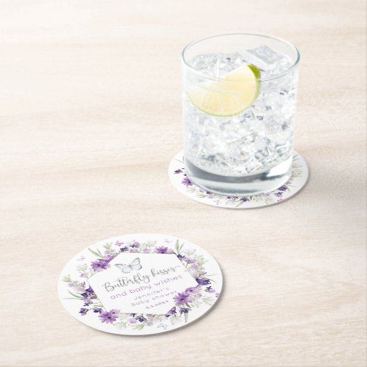 紫色の銀蝶キス赤ちゃんシャワー ラウンドペーパーコースター (インサイチュ)