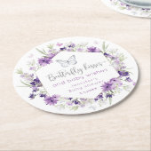 紫色の銀蝶キス赤ちゃんシャワー ラウンドペーパーコースター (アングル)