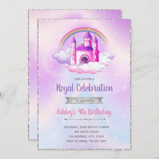 紫色の銀製のテーマの城の誕生日の招待 招待状 (正面/裏面)