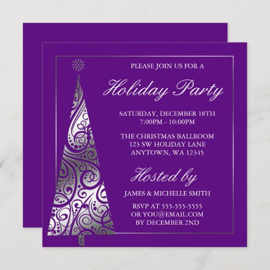 紫色の銀製の渦巻のクリスマスツリーの休日のパーティ 招待状 (正面/裏面)