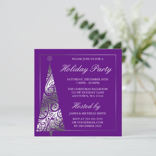 紫色の銀製の渦巻のクリスマスツリーの休日のパーティ 招待状 (スタンド正面)