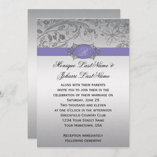 紫色の銀製の線条細工のモノグラムの結婚式招待状 招待状 (正面/裏面)