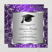 紫色の銀製の花パターン黒の卒業の帽子 招待状 (正面/裏面)