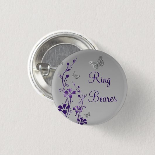 紫色の銀製の蝶花の結婚式で指輪を運んで来る人Pin 缶バッジ (正面&裏面)