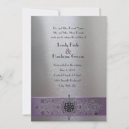 紫色の銀製の金属エッフェル塔の結婚式の招待 招待状 (正面)