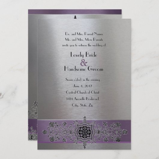 紫色の銀製の金属エッフェル塔の結婚式の招待 招待状 (正面/裏面)