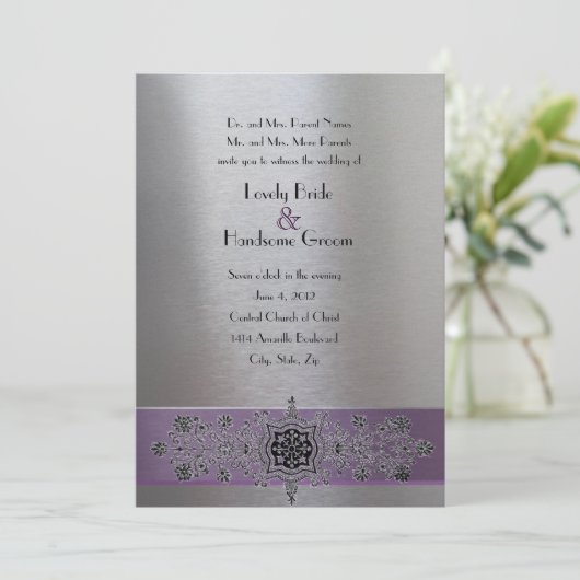 紫色の銀製の金属エッフェル塔の結婚式の招待 招待状 (スタンド正面)