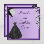 紫色の銀製の黒い気球のフォーマルな第21誕生日 招待状 (正面/裏面)