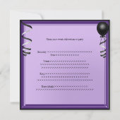 紫色の銀製の黒い気球のフォーマルな第21誕生日 招待状 (裏面)