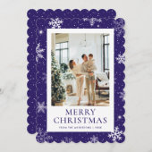 紫色の雪のメリークリスマススノーフレーク写真 シーズンカード (正面/裏面)