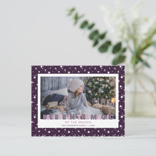 紫色の雪の星の写真信じホリーハガキ シーズンポストカード (スタンド正面)