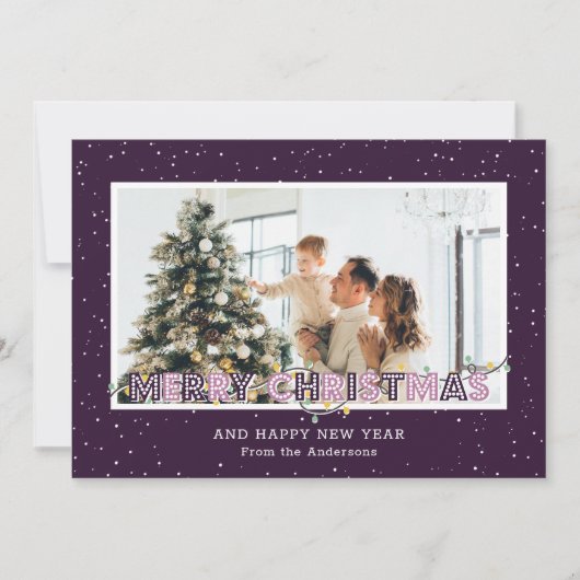 紫色の雪ライトフォトクリスマスカード シーズンカード (正面)