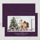 紫色の雪ライトフォトクリスマスカード シーズンカード (正面/裏面)