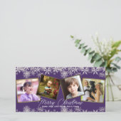 紫色の雪片4枚の写真ファミリークリスマス シーズンカード (スタンド正面)